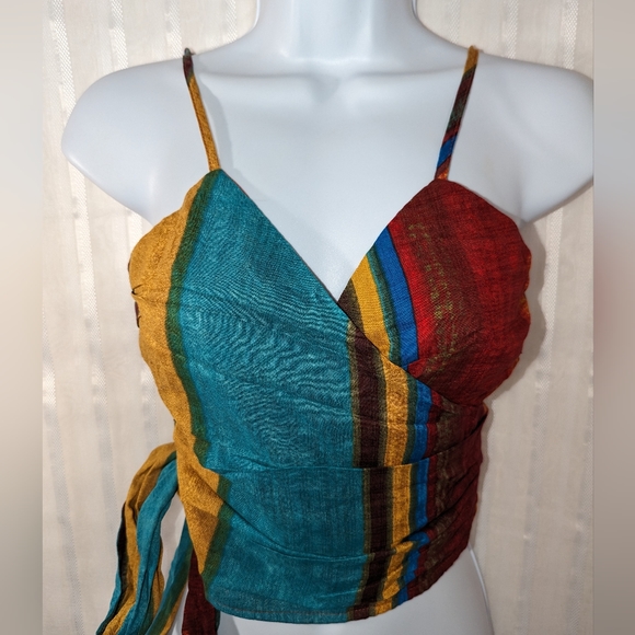 CIDER Top Crossover Tie Teal Gold Rust size Small Bohemian Chic Barbiecore Girly - Picture 1 of 15
